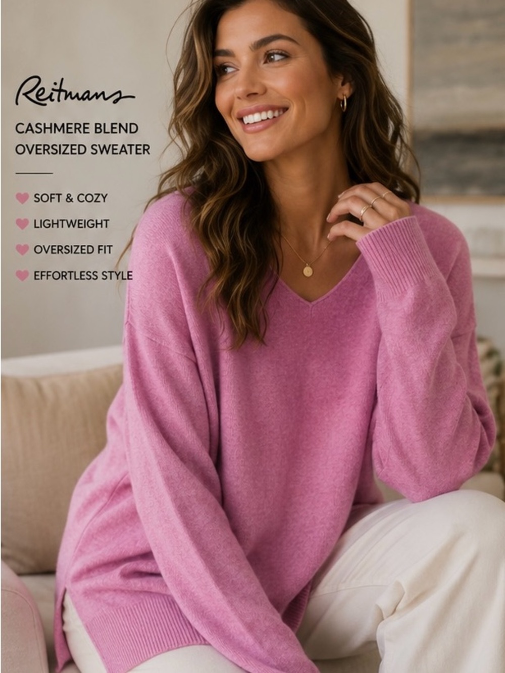 Reitmans Pink V-Neck Cashmere-Blend Oversized Sweater Size S Relaxed Fit